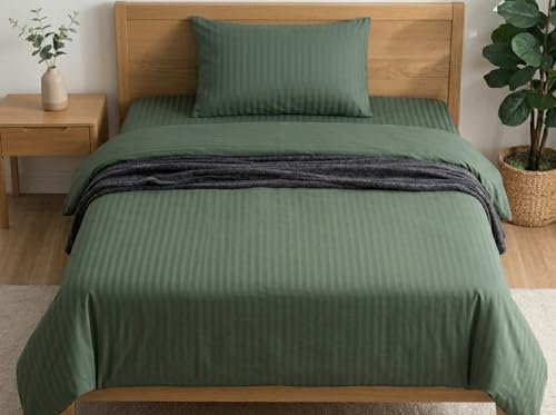 Image of Linen & Loom Elegance Series (60x90 inches) Bedsheet with 1 Pillow Covers | Luxury Striped Cotton Blend Bedsheet Set | Soft, Breathable & Hotel-Style Finish | TC 200 (Mediterranean Green)