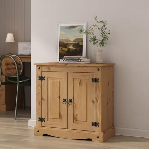 Image of Corona Sideboard Cupboard 2 Door Solid Pine Wood with Wax Finish Mexican Style Black Metal Hardware Internal Shelf W 75 x D 36 x H 73 cm