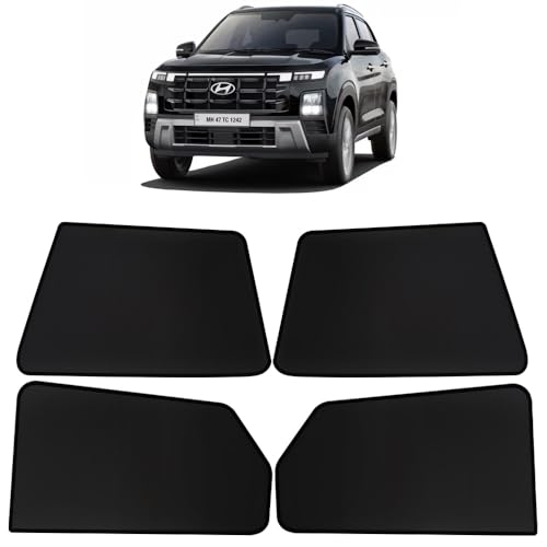 Image of OTO2EYE Car Sun Shade Compatible for Hyundai Creta Model 2024 to 2025, Z-Black Fix Type Side Window Curtains, Only Half Cut in Front Window, 4 Pieces Set