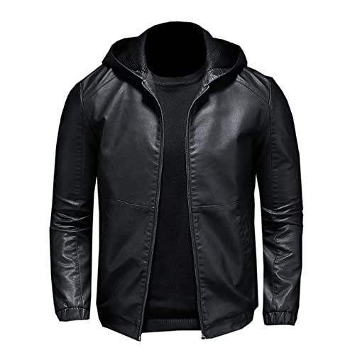 Giacca da Uomo Casual Moto Moto PU Giacca Uomo Inverno Autunno Moda Giacche in Pelle Maschile Slim Cappuccio con Cappuccio,Nero,XXL