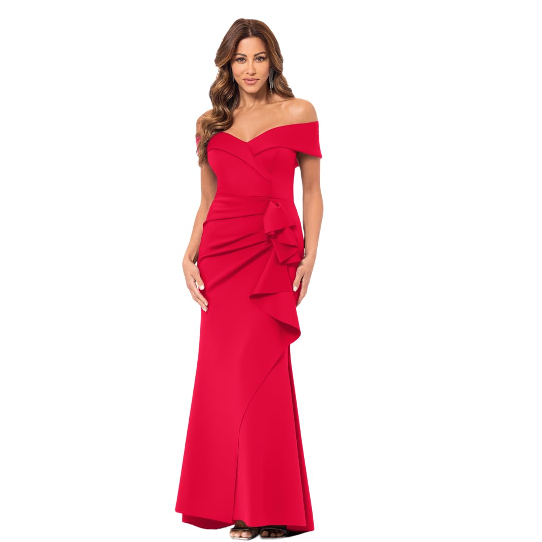 Xscape Womens Long Off Shoulder Sweetheart Neck Side Ruffle Gown (Reg and Petite)