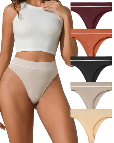 Kvitko High Waisted Seamless Thongs for Women Nylon Cotton Blend Sexy Invisible Panties Underwear 5 Pack