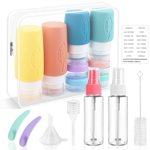 RISVOWO Botellas de Viaje Silicona, 17 Pack Botes Viaje Rellenables con Neceser, Kit Neceser Viaje Avion sin BPA,Travel Bottles a Prueba de Fugas, Juegos de Viaje para Gel Líquidos Champú Crema Loción