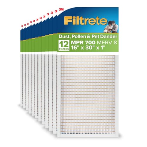 Filtrete 16x30x1 AC Furnace Air Filter, MPR 700, MERV 8, Tough on Pollen, Easy on Airflow, 3-Month Pleated 1-Inch Electrostatic Air Cleaning Filter, 12-Pack (Actual Size 15.81 x 29.81 x 0.81 in)