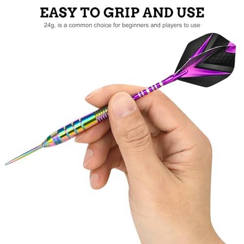 twirush Dartpfeile mit Metallspitze 24 Gramm(Der ganze Pfeil), Profi Steeldarts mit Metallspitze Steeldarts Set mit 6 Flights 3 Aluminium Schaft 12 Anti-Lose Gummiringe, und 1 Dart Case (Purple)