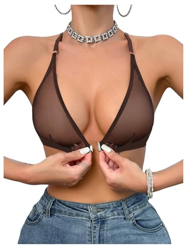 SOLY HUX Women's Sheer Mesh Through Bra Sheer Bralette Front Closure Deep V Neck Wireless Lingerie Sexy Lingerie Bra Pure Brown Medium