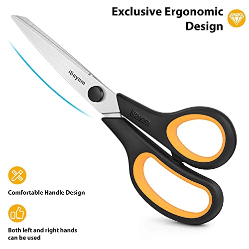 Image of iBayam 8.5 inch Heavy Duty Black Scissors for Office School Classroom Home Use | Precision 2.5mm Thickness Ultra Sharp Blade| Comfort Grip Right /Left Handles| Multipurpose | Cutting Paper Fabric Packaging
