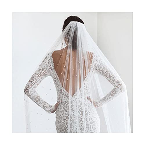 DOUKI Velo de Novia Velo de Cabeza Velo de Novia Largo de Tul para Boda Velo de Novia con Perlas Velo de Hombro Suave Velo de Novia de 1 Nivel para Boda Fiesta de Matrimonio para la Boda