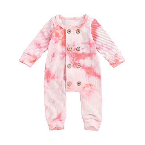 Gueuusu Newborn Baby Boy Girl Tie Dye Romper Knitted Long Sleeve Button Jumpsuit One Piece Bodysuit Infant Ribbed Outfit (F-Tie Dye Button Romper Red, 6-12M)