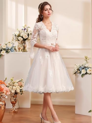 Lace Boho Vintage Wedding Dresses for Bride Long Sleeve Tea Length Wedding Dress for Women Tulle A Line Bridal Shower Dress3