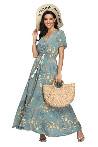 Image of VintageClothing Women's Floral Maxi Dresses Boho Button Up Split Summer Casual Long Dress Beach Party Dress