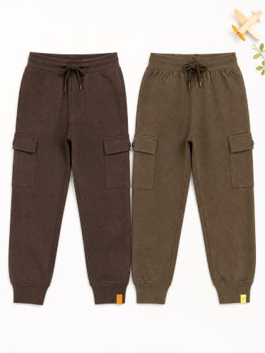 Image of KiddoPanti Boys Cotton Joggers | 100% Cotton Single Jersey | 2 Side Cargo Pockets with Flap | Elasticated Waist Band with Functional Drawcord | Soft & Breathable Track Pants