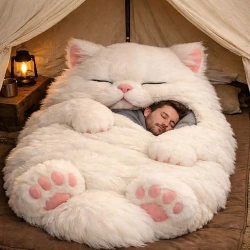 Cat Sleeping Bag for Human Adults Animal Shaped Sleeping Bags Fluffy Giant Extra Large Kids Plush Envelope Dog-Shaped Adorable Camping Hiking Travel Cozy Soft Warm Envelope Print Oversized Blanket A