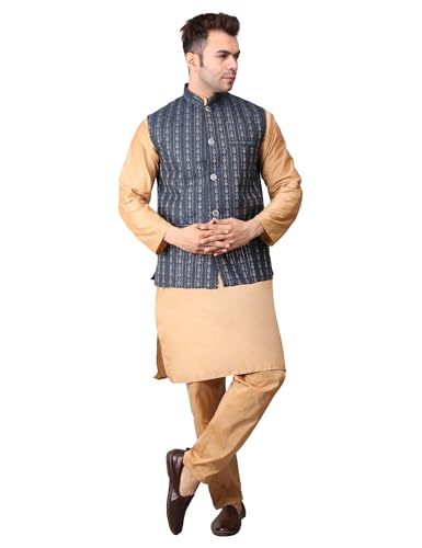Image of Men's Cotton Silk Blend Regular Kurta Pyjama, Embroidered Nehru Jacket /Waistcoat Set