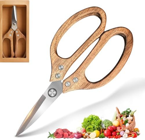ShapFouq All Purpose Shear, kitchen scissors for food,Pecan Wood Handles 8.45 x 4.06 x 0.5 inches