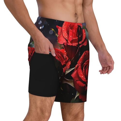 Men's Swim Trunks Quick Dry Board Shorts Romantic Red Roses Beach Shorts with Pocket Bathing Suits for Men2