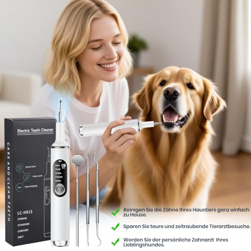 Bibykivn Zahnreiniger Ultraschall für Hund, Hundezahnreinigungsset, Zahnreiniger für Haustiere mit LED-Licht, 5 Reinigungsmodi, 4 Reinigungsköpfe (Weiß)