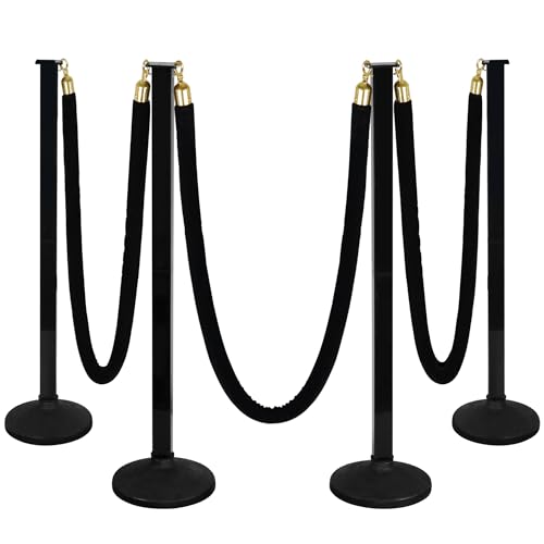 4 Pack Stanchion Post with Velvet Ropes (Weighted Base), Crowd Control Barriers, Red Carpet Runner Poles, Queue Poles for Party, Movie Theater, Plastic