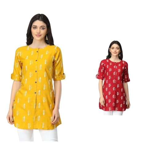 Image of Leriya Fashion Rayon Fabric Printed Round Neck Short Kurtis for Women Top Dresses Kurti for Girls & Ladies Kurtis (Pack of 2)