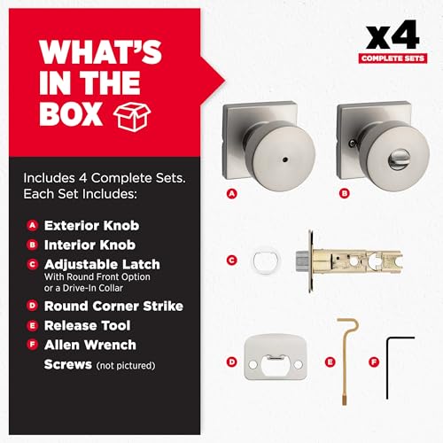 Image of Kwikset Pismo Interior Square Privacy Door Knob with Lock, Door Handle for Bathroom and Bedroom, Satin Nickel Keyless Push Button Lock Doorknob