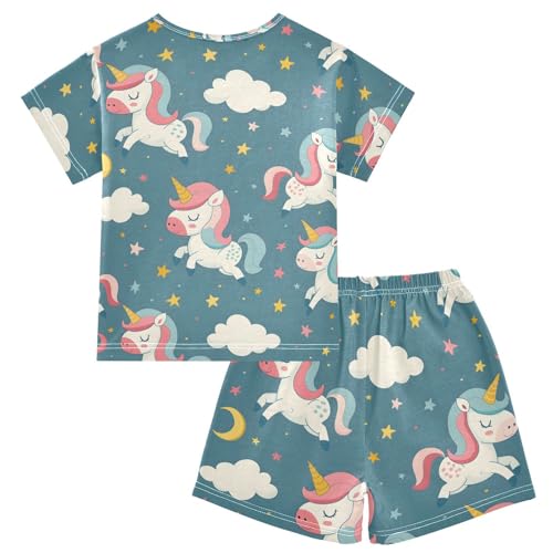 ALAZA Cartoon Sweet Unicorn Blue Pajamas Short Sleeve 2 Piece Sleepwear Top and Bottom Pajama Set Unisex2