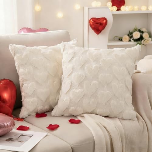AGAXOZW Valentines Pillow Covers 18x18 inch Set of 2 Valentines Day Decoration Red Heart Soft Plush Faux Fur Jacquard Throw Pillows for Bedroom Sofa (Beige)