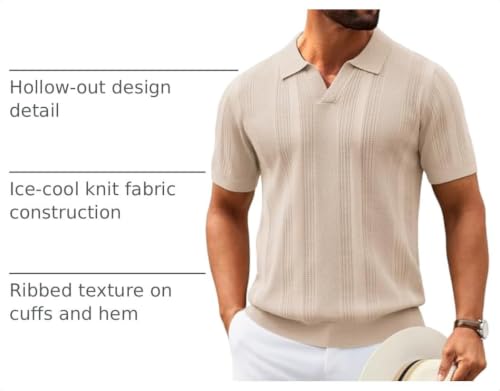Image of COOFANDY Mens Knit Polo Shirts V Neck Textured Polo Shirts Short Sleeve Breathable Polo Casual Collared T Shirt Fashion Tops