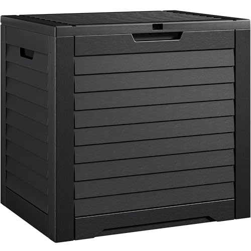DWVO Louvered Large Deck Box, 35 Gallon Resin Outdoor Storage Box for Patio Furniture, Garden Tools and Pool Supplies, Lockable Lid and Side Handles, Waterproof and UV Resistant, Black