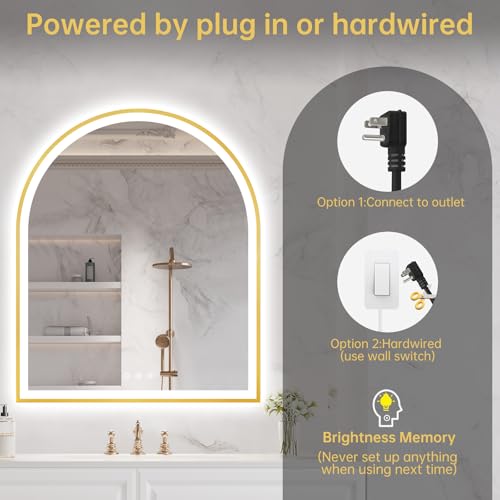 Image of 30 inchx36 inch Arched LED Mirror for Bathroom, Brushed Gold Lighted Bathroom Mirror with Lights, Fogless, Dimmable, Shatterproof, Touch Sensor, 3 Color Changing