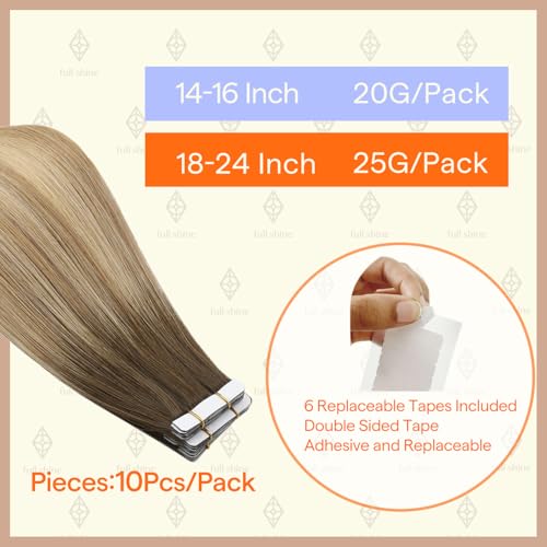 Image of Full Shine Skin Weft Tape in Hair Extensions Human Hair Balayage Color 3 /8 /22 Insert Machine Remy Tape in Virgin Extensions 25Gram Injection Tape Ins Human Hair Extensions 10Pcs 20Inch