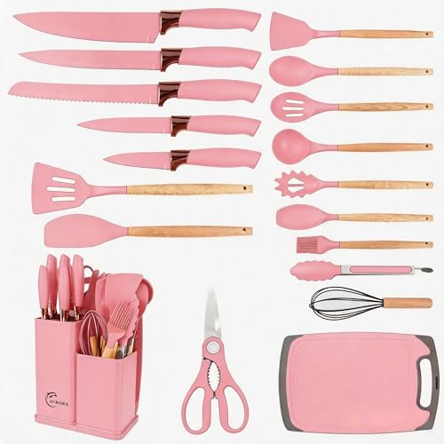 19 Piece Kitchen Utensil Set with Knife Set & Holder, Silicone Cooking Utensil Set with Wooden Handle, Heat Resistant Kitchen Tools Set for Nonstick Cookware Pink