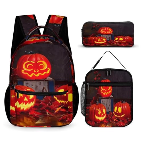 3Pcs Backpack Sets Glowing Halloween Pumpkin Print Travel Daypack 3 in 1 Lightweight Backpack Set with Lunch Bag And Cosmetic Bag