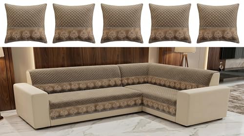 Image of Luxury Sofa Cover L Shape 5 Seater with Matching Cushion Cover 16x16 inch - Mouse Brown Luxury 3+2 Seater (5 Seater) Quilted Sofa Cover Set Pack of 10, Washable, Mouse Bronze