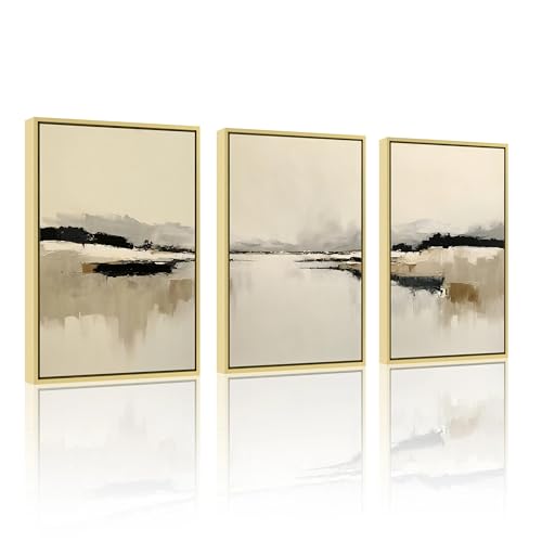 ELSKER&HOME Framed Abstract Wall Art, Ink - Wash Beige and Black Oriental Landscape Canvas Wall Art 3 Piece, Modern Minimalist Neutral Wall Decor for Living Room Bedroom Bathroom Dining Room