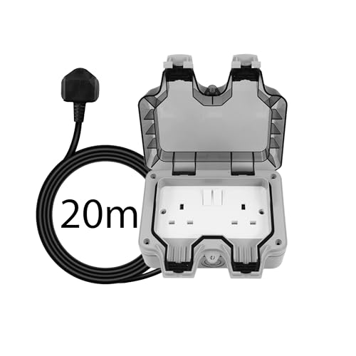 Shine Planet Weatherproof Double Outdoor Socket - IP66 Waterproof Outside Garden Extension Lead Box - Switched Wall Electrical Outlet 13Amp 2 Gang Power Socket 3-20M (20M)