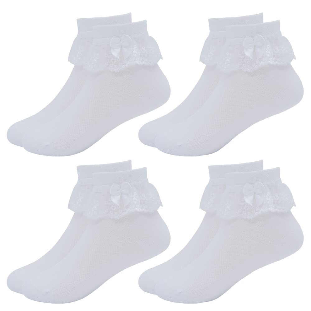 Snegyu Paquete de 3 calcetines escolares blancos de algodón para niñas, con volantes y encaje en la parte superior de los lazos alcetines delgados de verano 4 pares blanco 3-5 Años