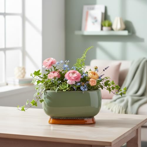 Image of Xtore Refined Glazed Ceramic Bonsai Planter Pot for Indoor & Tabletop Decor | Wide Low Profile with Drainage Hole | Turquoise Green Finish (Pack of 1, Planter Only)
