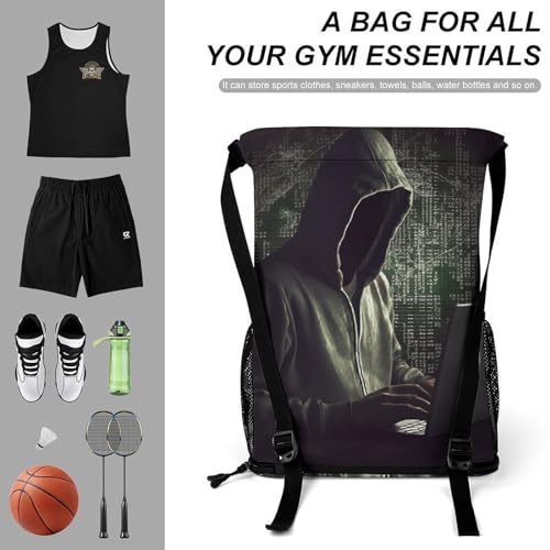 Drawstring Bag,Hacker Drawstring Backpack,travel Drawstring Backpack,gym String Bag with Side Pocket3