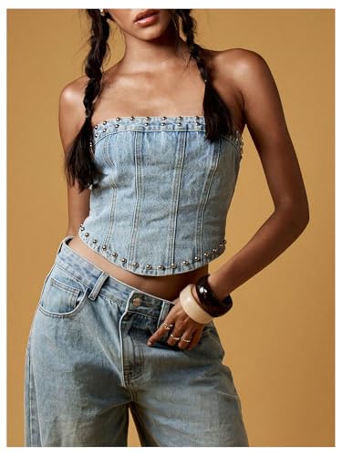 MakeMeChic Women's Studded Denim Tube Top Lace Up Strapless Summer Y2K Bandeau Shirt3