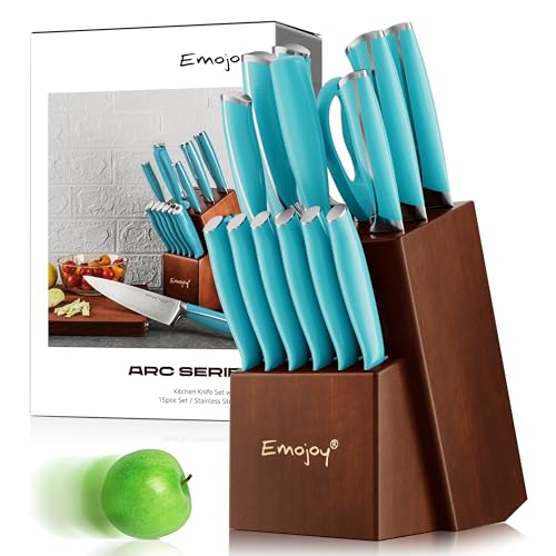 Knife Set, Emojoy 15 Piece Kitchen Knife Set with Block Wooden, German Stainless Steel Sharp Chef Knife Set with Sharpener, Dishwasher Safe and Rust Proof (blue knife set)
