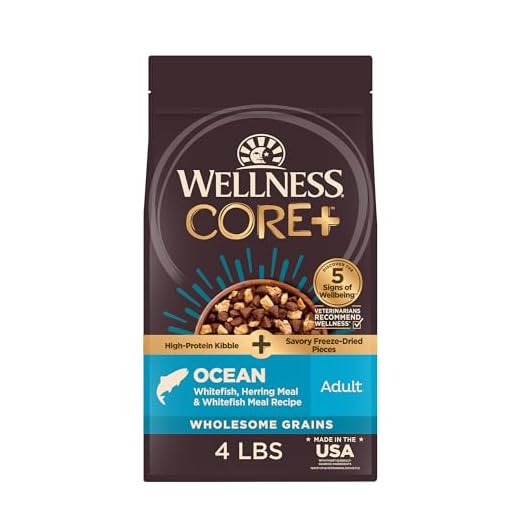 Wellness CORE+ Dry Dog Food with Freeze Dried Pieces, Wholesome Grains, High Protein, Natural, Ocean Whitefish & Herring Recipe, (4-Pound Bag)