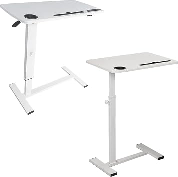 BeGyoku Overbed Table, Hospital Bed Table, Adjustable Over The Bed with Hidden Wheels - White