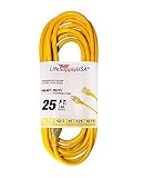 LifeSupplyUSA 12/3 25ft 300V SJT Extension Cord LED Lighted End Prong for Indoor + Outdoor use (25 f
