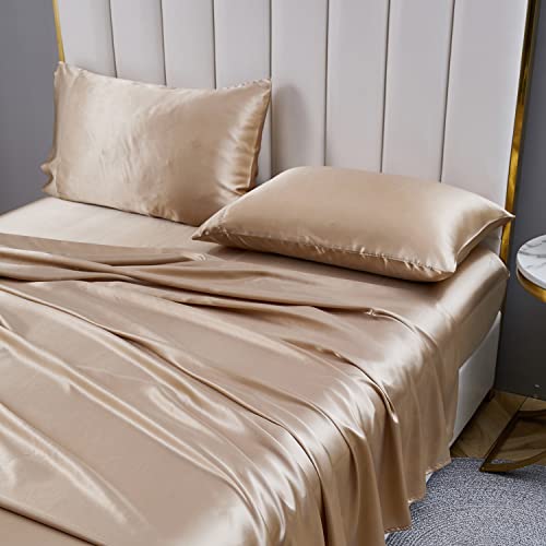 Miniatura 2 de Jemiipee Juego De Sabanas De 4 Piezas Raso Cama 150 Color Sólido 150x200 Cm Para Colchón De Hasta 36 Cm De Altura - Sábana Bajera Ajustable, Encimera Y 2 Funda De Almohada - Caqui