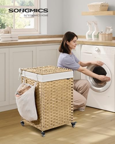 SONGMICS Laundry Hamper with Lid, 31.7 Gallons (120 L), Rolling Laundry Basket with Wheels, Synthetic Rattan, Removable Liner, Bedroom, 18.1 x 15.7 x 26 Inches, Natural Color ULCB161Y01