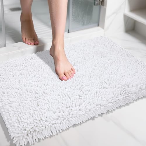 Yimobra Chenille Bathroom Rugs Non Slip, Extra Thick Soft Absorbent Bath Rug 31.5x20 Inch, Machine Washable Quick Dry Bath Mat for Bathroom Floor, Tub and Shower, Home Decor Accessories, White