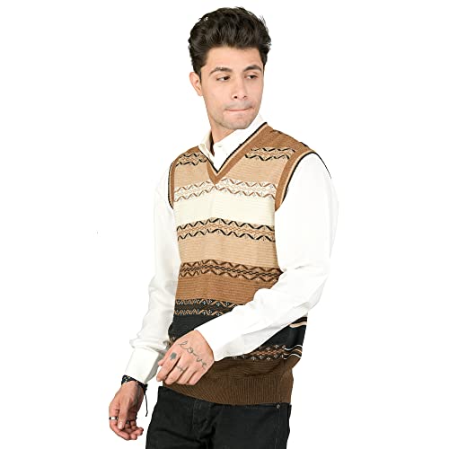 Image of Men Woolen V-Neck Printed Design Sleeveless Pullover Heavy Rainbow Fabric Winter Wear Pure Wool Cardigan Regular Coaty Fully Warm Heavy Pullover Cardigans Free Sizes