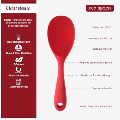 Image of Baskety Non-Stick Rice Spoon Silicone Ladle Soup Spoon with Handle for Dining Table 22.3 x 6.8 cm (Pure Red)