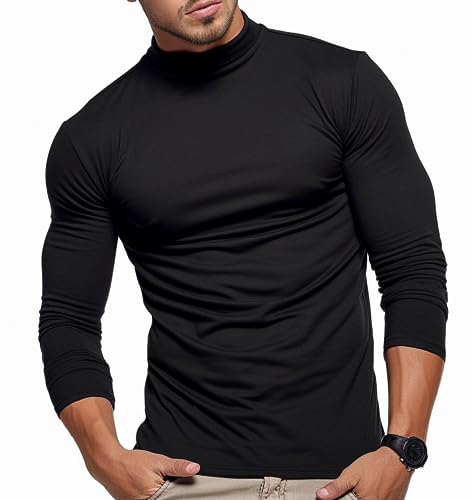 BONCHOIX Mock Turtle Neck Mens Shirts Long Sleeve(Black,L)