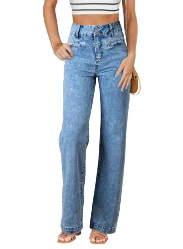 Sidefeel Women's Wide Leg Jeans High Waisted Straight Leg Stretchy Zimbaplatinum Trendy Loose Denim Pants Light Blue Size 10